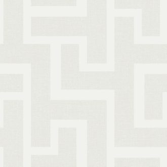   Nagyformátumú és szabályos geometrikus labirintusminta törtfehér és ezüstös jégcsillám/világosszürke tónus tapéta