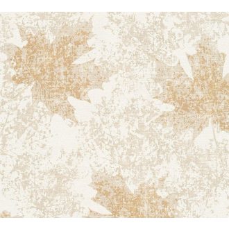   Nagyformátumú fémes elemekkel díszített levélminta krémfehér bézs/szürkésbézs és rézszín tónus fémes hatás tapéta