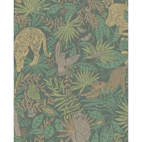 Gyerekszobai dzsungel motívum majmokkal madarakkal és nagymacskákkal sötétzöld barna zöld és fáradt rózsaszín tónus tapéta