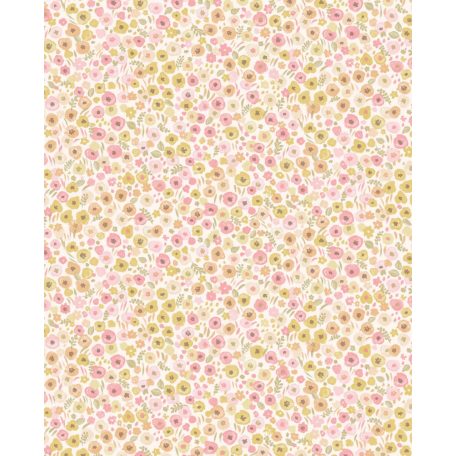 Gyerekszobai virágmező pasztell tónusokban grafikus minta bézs rózsaszín sárga zöld és lila tónus tapéta