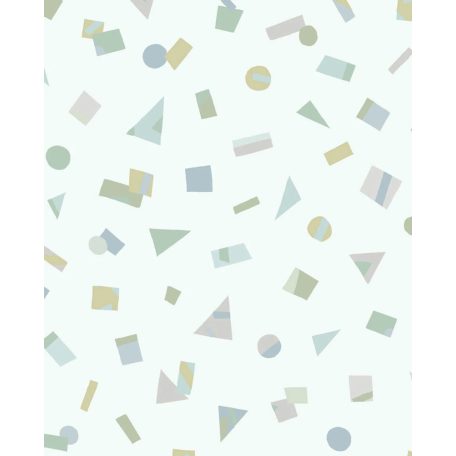 Geometriai formák színes vidám és játékos kavalkádja halványzöld kék szürke barna és zöld tónus tapéta