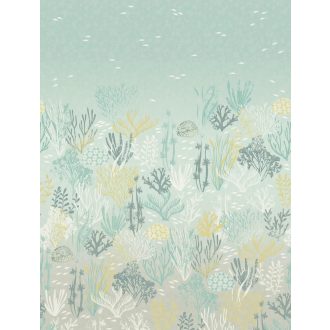   Víz alatti mesevilág! Szines korallok és halrajok faliképe vízzöld vízkék sáfránysárga türkiz szürke és törtfehér tónus falpanel