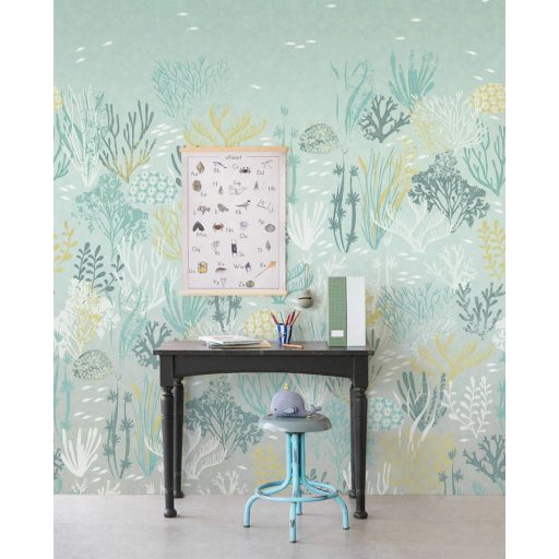 Víz alatti mesevilág! Szines korallok és halrajok faliképe vízzöld vízkék sáfránysárga türkiz szürke és törtfehér tónus falpanel