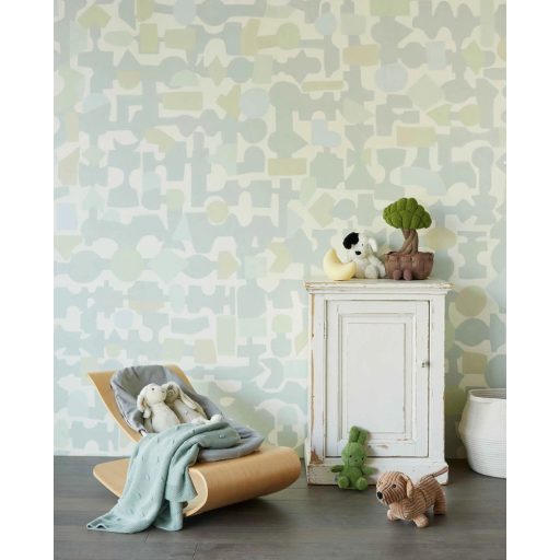 Kapcsolatban! Absztrakt geometriai formák játékos faliképe krém vízkék vízzöld szürkéskék és drapp tónus falpanel