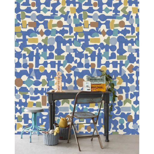 Kapcsolatban! Absztrakt geometriai formák játékos faliképe bézs kék zöld kobaltkék barna és sárgásbarna tónus falpanel