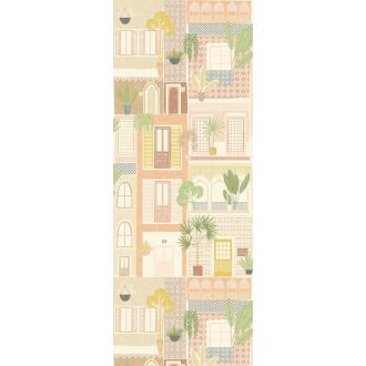   Szines városi házrengeteg zöld növényekkel a homlokzat felől bézs krém sárga korall zöld sokszínű tónus falpanel