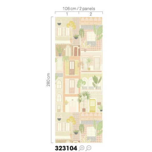 Szines városi házrengeteg zöld növényekkel a homlokzat felől bézs krém sárga korall zöld sokszínű tónus falpanel