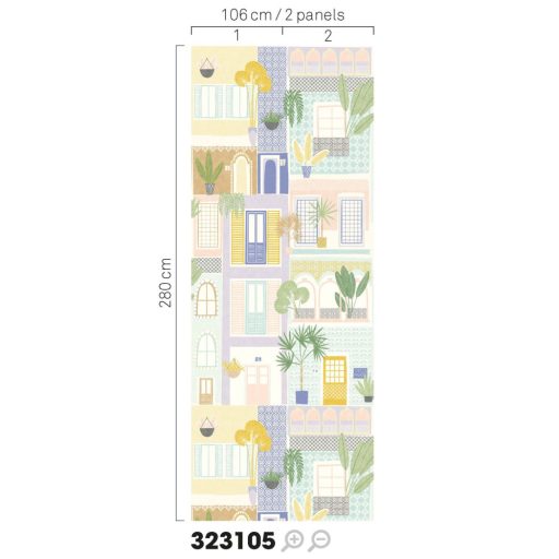 Szines városi házrengeteg zöld növényekkel a homlokzat felől lila kék zöld és sokszínű tónus falpanel