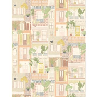   Szines városi házrengeteg zöld növényekkel a homlokzat felől bézs krém sárga korall zöld sokszínű tónus falpanel