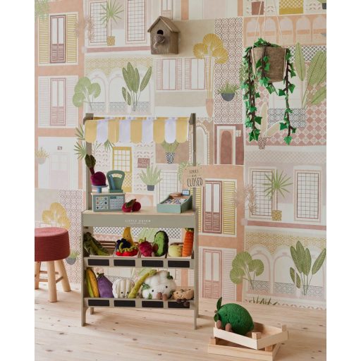 Szines városi házrengeteg zöld növényekkel a homlokzat felől bézs krém sárga korall zöld sokszínű tónus falpanel