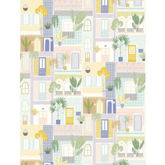   Szines városi házrengeteg zöld növényekkel a homlokzat felől lila kék zöld és sokszínű tónus falpanel