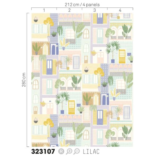 Szines városi házrengeteg zöld növényekkel a homlokzat felől lila kék zöld és sokszínű tónus falpanel