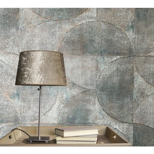 Marburg Vintage Deluxe 32821 Vintage Geometrikus Grafikus beton háttéren óriás körök körívek szürke szürkésbarna zöldeskék ezüst rézszín tapéta