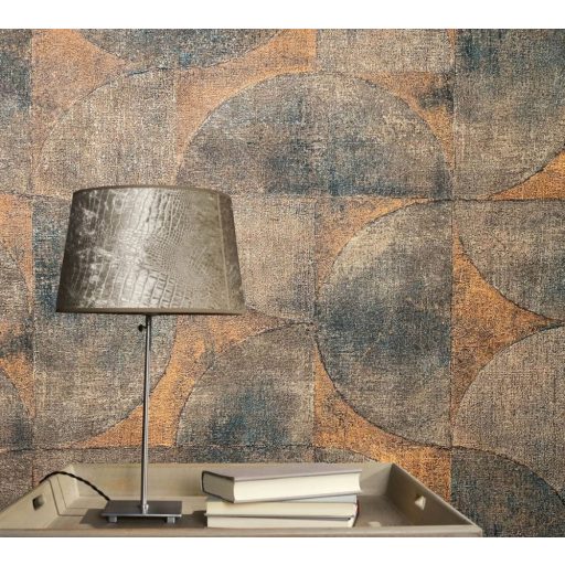 Marburg Vintage Deluxe 32822 Vintage Geometrikus Grafikus beton háttéren óriás körök körívek kék barna narancs/terra rézszín tapéta
