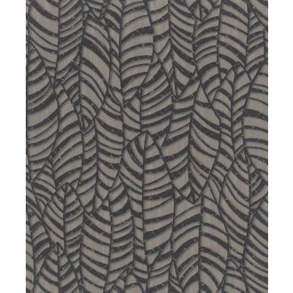   Stilizált levelek hangsúlyos erezettel 3D hatás enyhe csillogás amtracit szürke bézsarany tapéta
