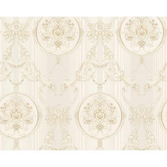   Pazar ornamentális klasszikus motívum krémfehér bézs és bézsarany tónus selymes fémes hatás tapéta