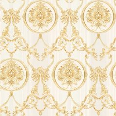   Finoman kidolgozott klasszikus barokk motívum krémfehér és arany tónus fémes hatás tapéta