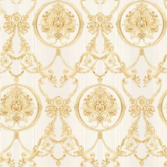   Finoman kidolgozott klasszikus barokk motívum krémfehér és arany tónus fémes hatás tapéta