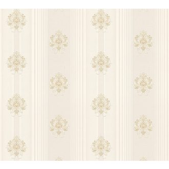   Csíkos alapmintában megjelenített klaaszikus barokk díszítőelemek krémfehér szürke és bézs/bézsarany tónus fémes hatás tapéta