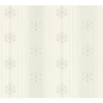   Időtlen klasszikus! Pazar csíkos mintázat virágos díszítéssel szürkésfehér világosszürke és fehérezüst tónus selymes fémes hatás tapéta