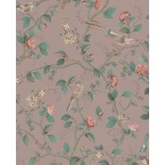   Természetközeli romantikus vintage design - Virágzó ágak és színes madarak antik rózsaszín/lila zöld és sokszínű tapéta