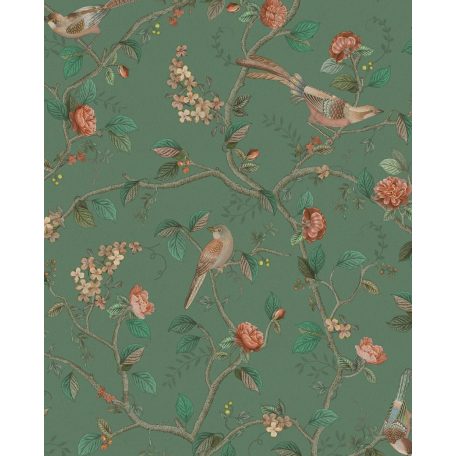 Természetközeli romantikus vintage design - Virágzó ágak és színes madarak zöld korallszín szürke és sokszínű tapéta