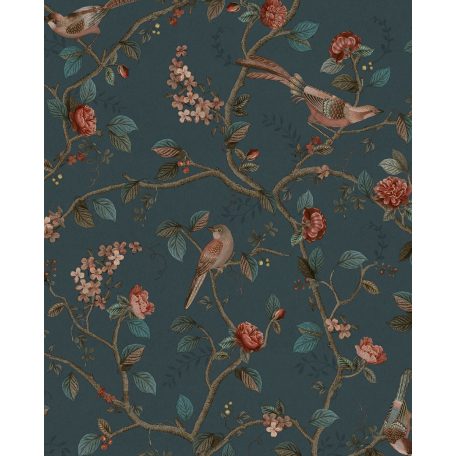 Természetközeli romantikus vintage design - Virágzó ágak és színes madarak sötétkék kék szürke korall és sokszínű tapéta