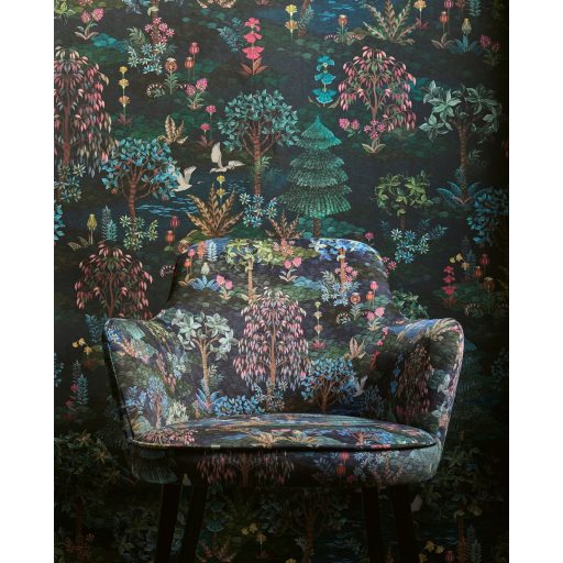 Varázslatos keleti panoráma - Darvak a kézzel festett fák és növények között sötétkék zöld kék és sokszínű tónus falpanel