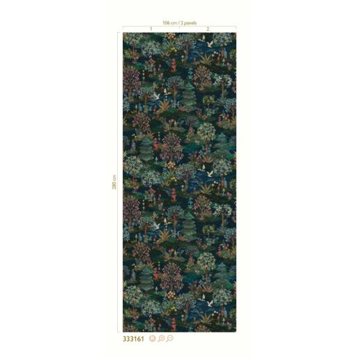 Varázslatos keleti panoráma - Darvak a kézzel festett fák és növények között sötétkék zöld kék és sokszínű tónus falpanel