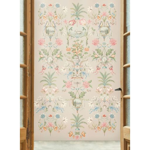 Romantikus egyedi motívum - Virágok madarak narancsfák és toszkán szímbólumok szürkésbézs málnaszín zöld és sokszínű tónus falpanel
