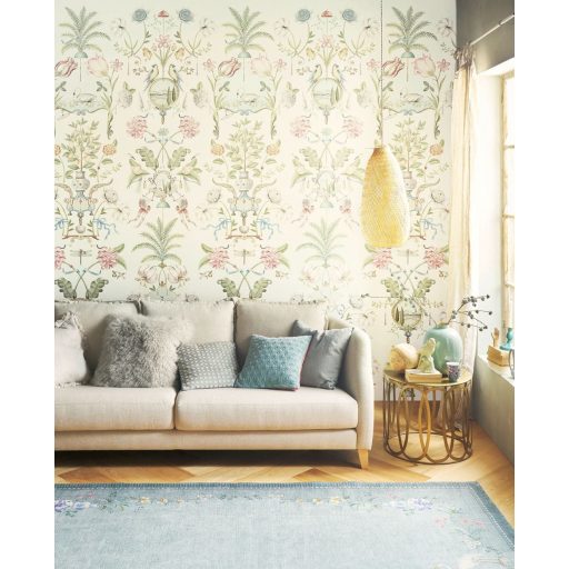 Romantikus egyedi motívum - Virágok madarak narancsfák és toszkán szímbólumok törtfehér zöld rózsaszín és sokszínű tónus falpanel