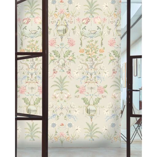 Romantikus egyedi motívum - Virágok madarak narancsfák és toszkán szímbólumok szürkésbézs málnaszín zöld és sokszínű tónus falpanel