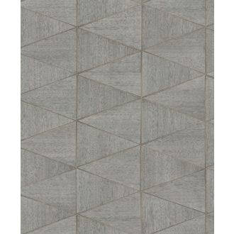   Változatos fa struktúrák háromszögekbe rendezett geometrikus mintája szürke és bronz tónus finom fényű mintarészletek tapéta