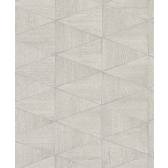   Változatos fa struktúrák háromszögekbe rendezett geometrikus mintája bézs szürke és szürkésbézs tónus finom fényű mintarészletek tapéta