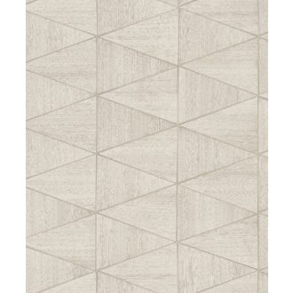   Váltakozó fa struktúrák háromszögekbe rendezett geometrikus mintája krém bézs és barna tónus finom fényű mintarészletek tapéta