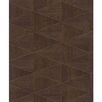   Váltakozó fa struktúrák háromszögekbe rendezett geometrikus mintája vörösesbarna barna és vörösréz tónus finom fényű mintarészletek tapéta