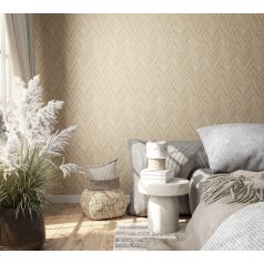   Nyílformába rendezett valósághű keskeny fa parkettminta bézs világosbarna és barna tónus tapéta