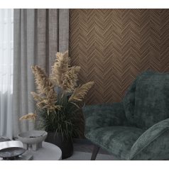   Nyílformába rendezett valósághű keskeny fa parkettminta barna és sötétbarna/fekete tónus tapéta