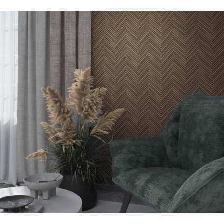 Nyílformába rendezett valósághű keskeny fa parkettminta barna és sötétbarna/fekete tónus tapéta