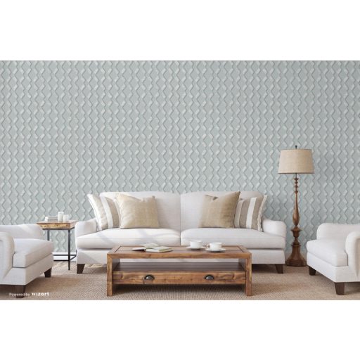 Rombuszformát kialakító grafikus minta textil háttéren szürke/szürkéskék és ezüst tónus fémes csillogó hatás tapéta