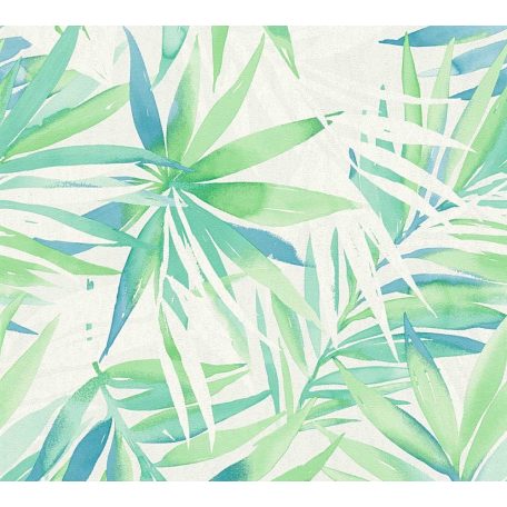 As-Creation Deigndschungel 34125-1 Natur trópusi pálmalevelek fehér kék zöld tapéta