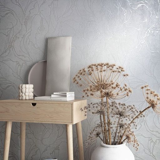 Beton háttéren absztrakt fénylő vonalmintázat fehér és gyöngyház tónus tapéta