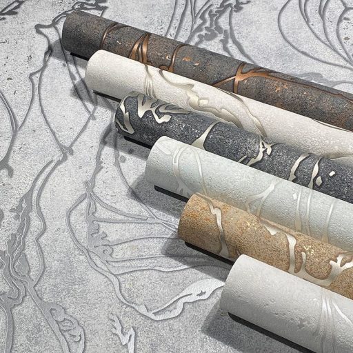 Beton háttéren absztrakt fénylő vonalmintázat fehér és gyöngyház tónus tapéta