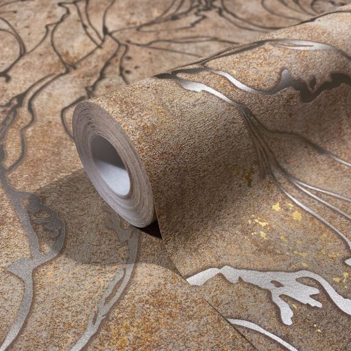 Beton háttéren absztrakt fénylő vonalmintázat barna és arany tónus tapéta