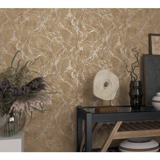 Beton háttéren absztrakt fénylő vonalmintázat barna és arany tónus tapéta