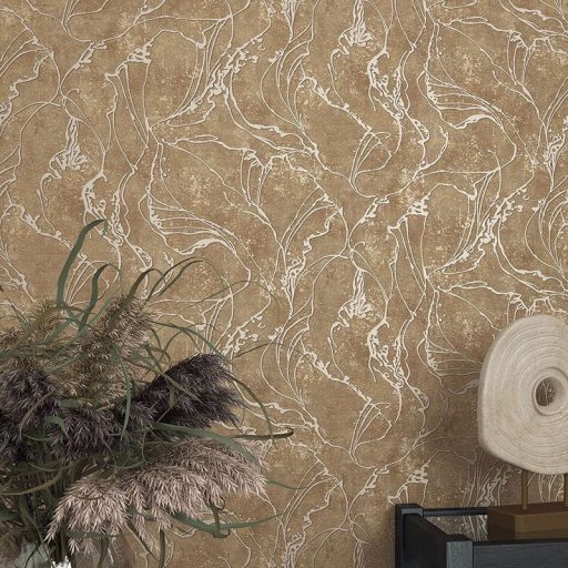 Beton háttéren absztrakt fénylő vonalmintázat barna és arany tónus tapéta