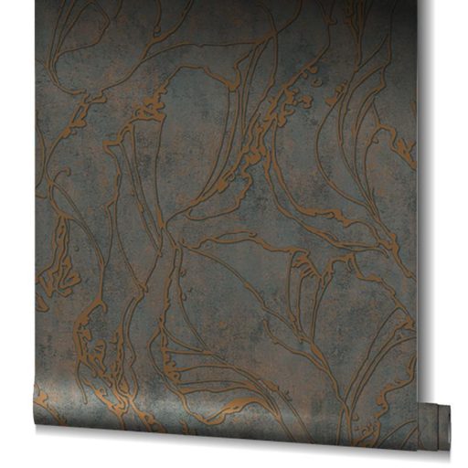 Beton háttéren absztrakt fénylő vonalmintázat antracit és rézszín tónus tapéta