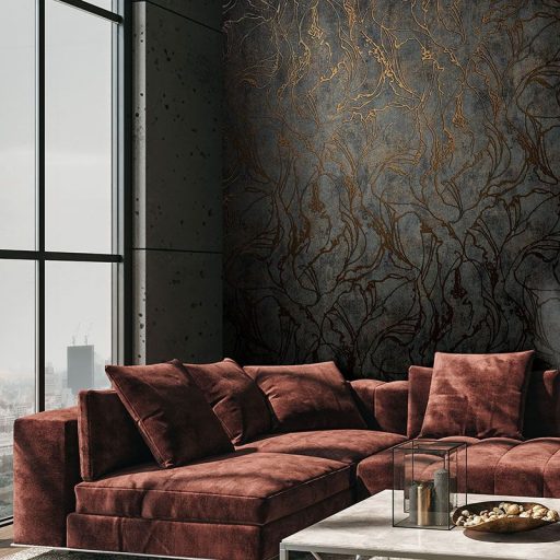 Beton háttéren absztrakt fénylő vonalmintázat antracit és rézszín tónus tapéta