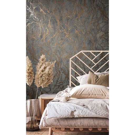 Beton háttéren absztrakt fénylő vonalmintázat antracit és rézszín tónus tapéta