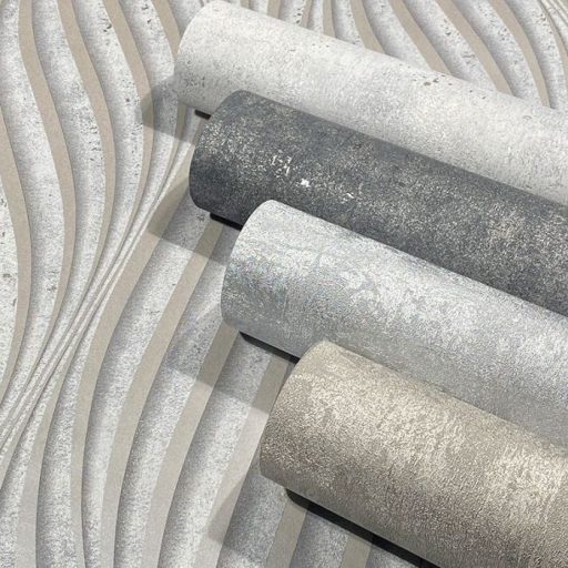 Absztrakt hullám (spirál)minta beton háttéren 3D szürke és ezüst tónus fénylő mintarajzolat tapéta